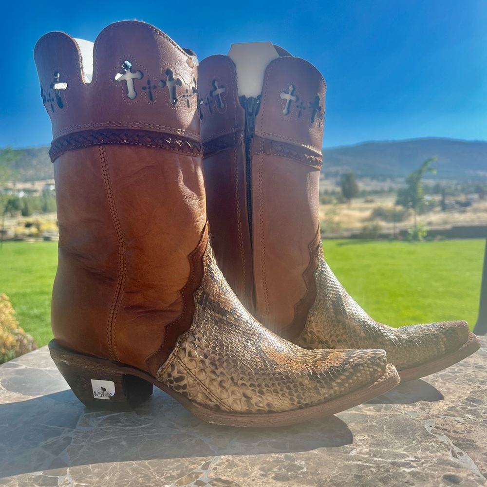Corral Vintage - Brown, Tan and Snakeskin Heeled Boots with Cross Detail